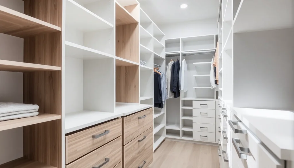 Closets designed for optimal organization, showcasing sleek shelves and stylish drawers in a calming space.