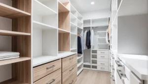 Closets designed for optimal organization, showcasing sleek shelves and stylish drawers in a calming space.