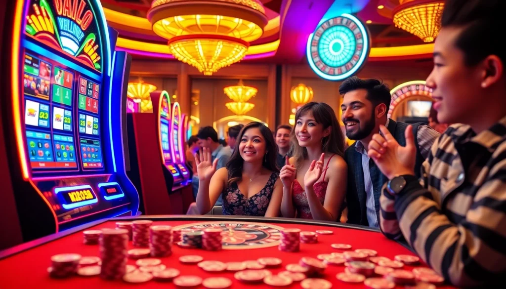 Para pemain menikmati keseruan mesin slot Dewanaga89 dalam suasana kasino yang hidup.