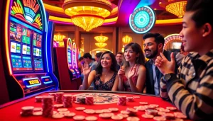 Para pemain menikmati keseruan mesin slot Dewanaga89 dalam suasana kasino yang hidup.