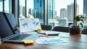 Analyze competitor pricing strategies in a modern office with financial charts and a laptop.