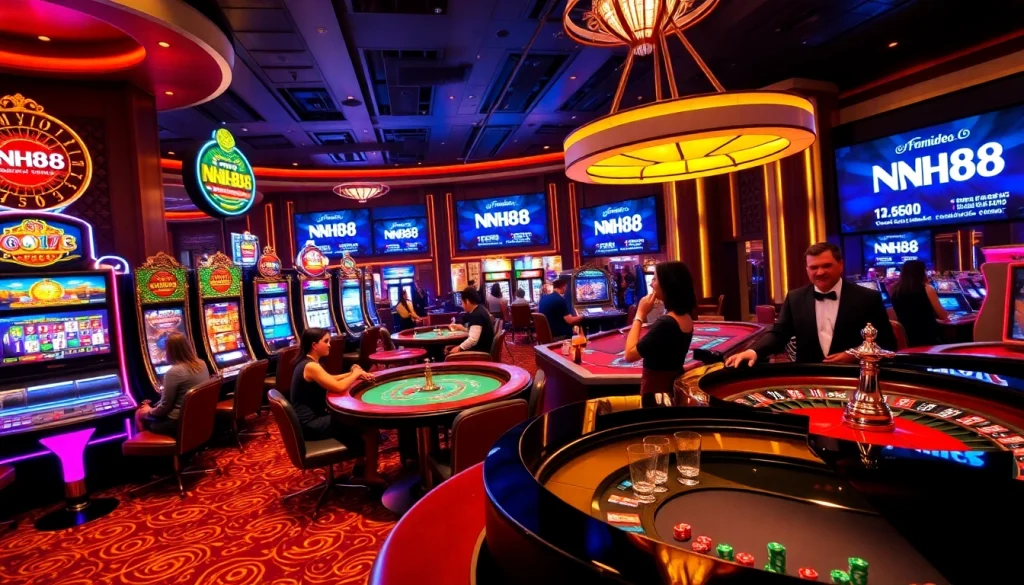 Players engaging in thrilling games at NH88 online casino, with vibrant slot machines and roulette tables.
