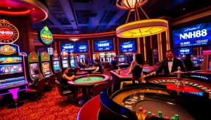 Players engaging in thrilling games at NH88 online casino, with vibrant slot machines and roulette tables.