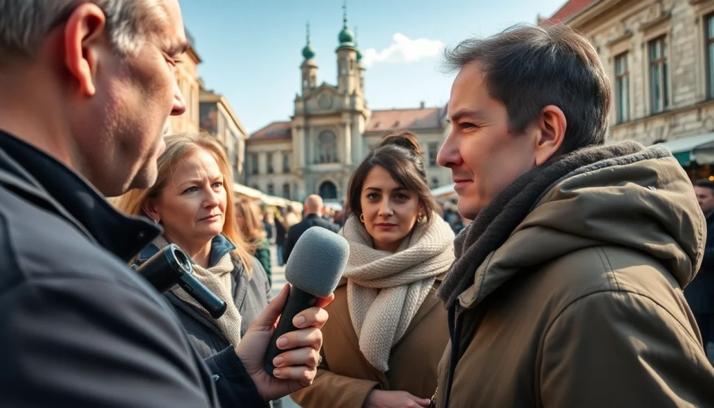 Capture community reactions at https://sumytoday.in.ua with a journalist conducting interviews in Sumy.