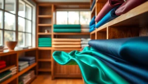 Bekijk satijn stof in verschillende kleuren met een glanzend oppervlak in een elegante setting.