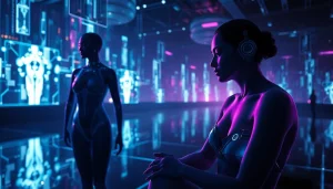 Visual representation of AI-generated pornography, featuring human figures and futuristic technology.