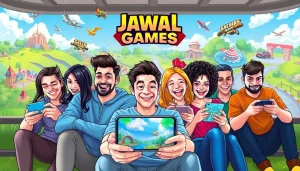 Friends excitedly playing Jawal Games on mobile devices in a colorful gaming environment.