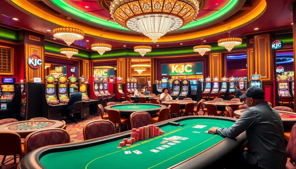 KJC gaming table scene featuring excited players and luxurious casino décor.
