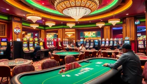 KJC gaming table scene featuring excited players and luxurious casino décor.