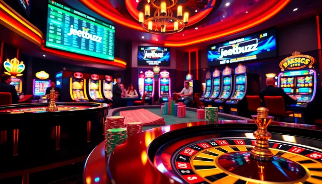 Experience the excitement of jeetbuzz with vibrant casino elements like roulette wheel and poker chips.