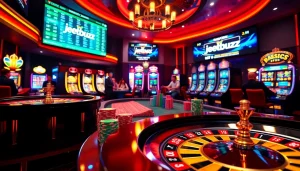 Experience the excitement of jeetbuzz with vibrant casino elements like roulette wheel and poker chips.
