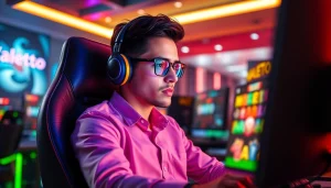 Main permainan slot walettoto yang menarik dengan gamer profesional berfokus.