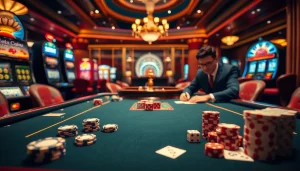 Experience the thrill of betting at Nhà Cái S8 with vibrant casino action, poker chips and a roulette wheel.