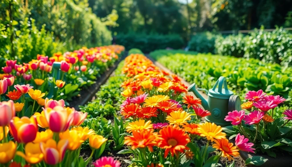 Garden with colorful flowers and vegetables showcases Gardening beauty and diversity.