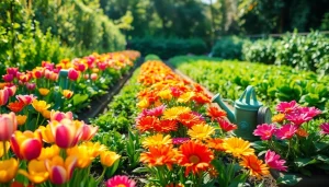 Garden with colorful flowers and vegetables showcases Gardening beauty and diversity.