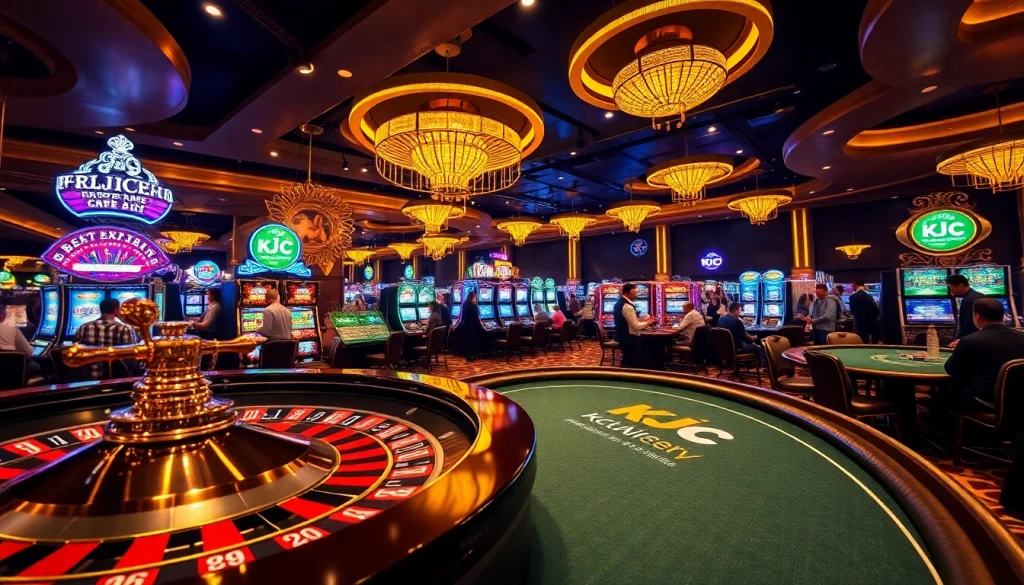 KJC casino scene showing players engaging with a roulette wheel and poker table.