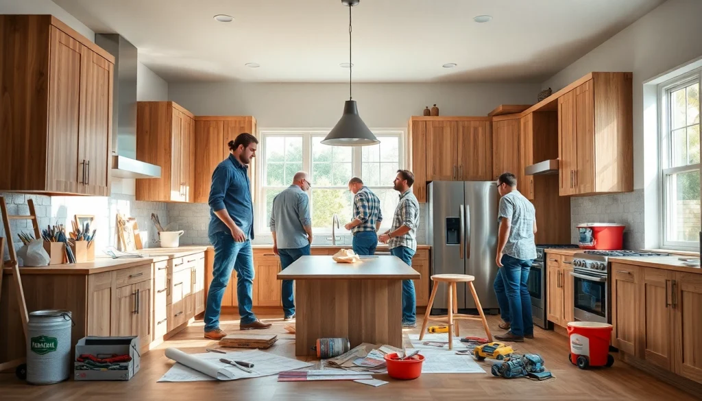 Home renovation team collaborating on a kitchen remodel with bright lighting and modern design features.