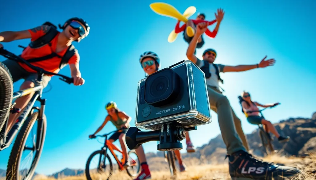 Action camera capturing thrilling mountain biking and surfing adventures in vivid outdoor scenery.