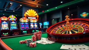 Nohu90 casino scene with vibrant slot machines and poker chips highlighting thrilling gaming experience.