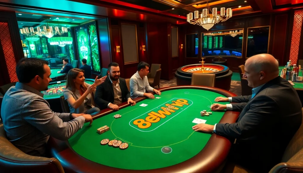Engaging players enjoying a poker game at 888new vip casino, featuring vibrant chips and cards.