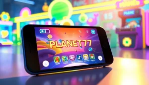 Jelajahi grafis yang menarik dalam PLANET77 game dengan antarmuka futuristik dalam perangkat mobile.