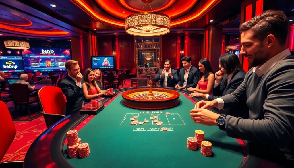 Người chơi Betvip đang tận hưởng một ván poker đầy hồi hộp tại một casino sang trọng với trang trí rực rỡ.