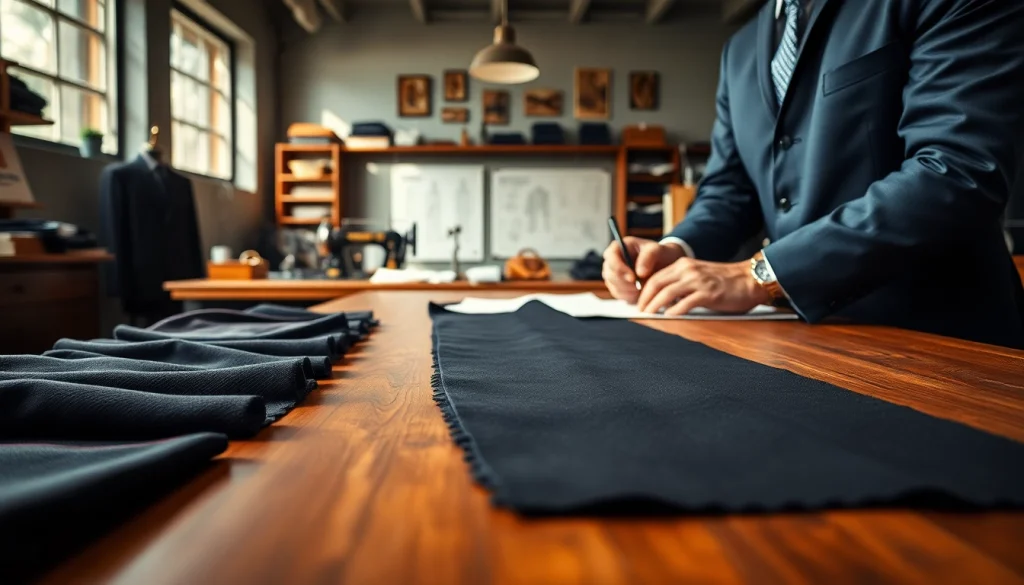 Tailor focusing on bespoke custom made suits with rich fabrics and elegant workspace.