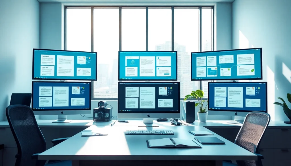 WPS下载 in a modern office setting with digital screens showcasing documents and a vibrant workspace.