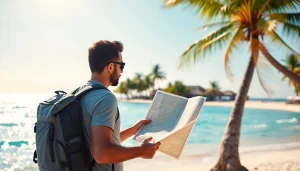 Plan a unique adventure with http://datanisle.com featuring a traveler on a beach with a map.