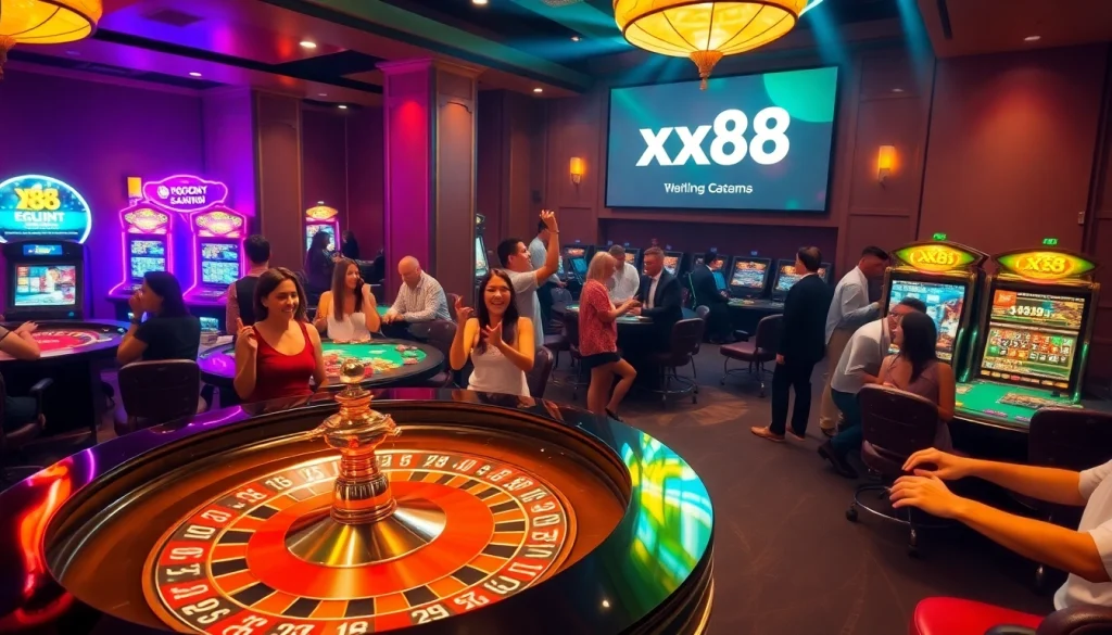 Gamblers experiencing excitement with xx88 at a luxury casino table, vibrant chips, and roulette wheel.