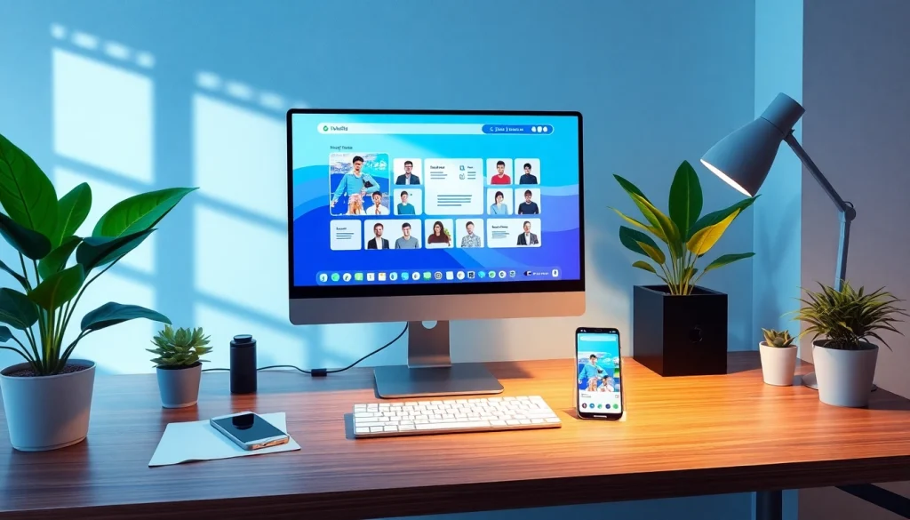 HelloWorld官网 showcasing a modern workspace with seamless connectivity between devices for efficient communication.