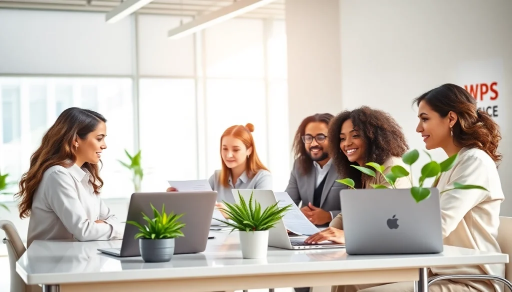 WPS官网下载: Professionals collaborating in a modern office using WPS Office's AI-powered tools