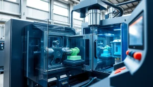 Efficient plastic injection molding machine in operation, showcasing advanced technology.