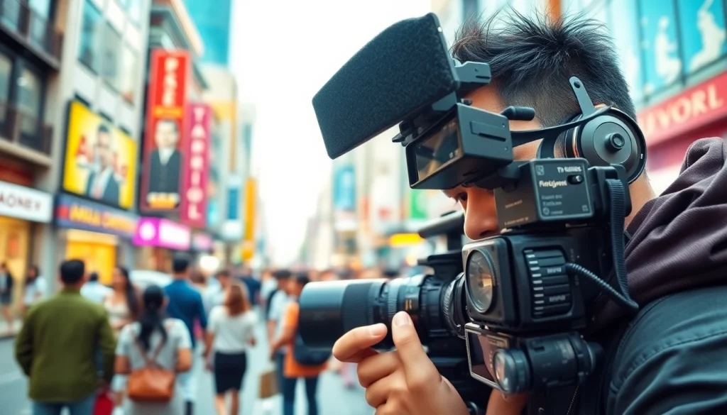 Videographer capturing dynamic moments in a vibrant urban setting, showcasing creativity.