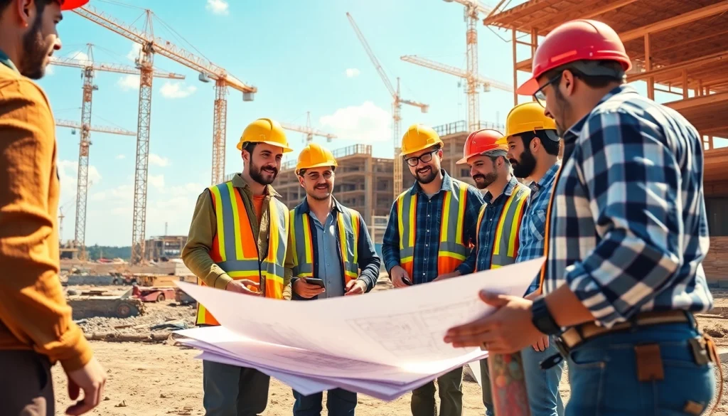 Engaged team at a construction association North Carolina site collaborating on plans and safety measures.