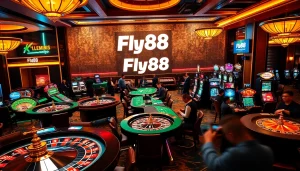 Fly88 players enjoying a thrilling casino experience with vibrant gaming tables and luxury ambiance.
