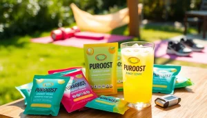 Puraboost energy drink packets and a refreshing glass showcasing vibrant health benefits.