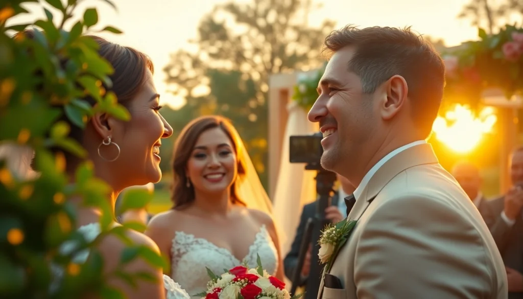 Videographer capturing a beautiful outdoor wedding with joyful expressions and warm sunset light.