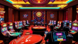 Players enjoying thrilling games at AX88 Casino, showcasing vibrant slots and poker tables.
