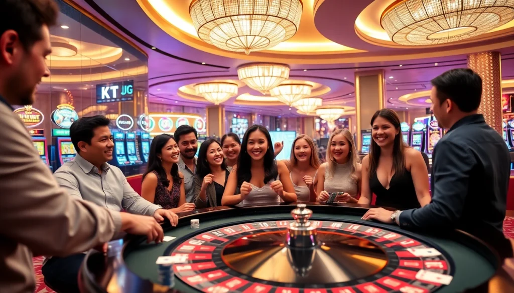 KJC casino players enjoy an exciting game at the roulette table filled with vibrant atmosphere.