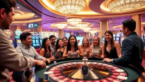 KJC casino players enjoy an exciting game at the roulette table filled with vibrant atmosphere.