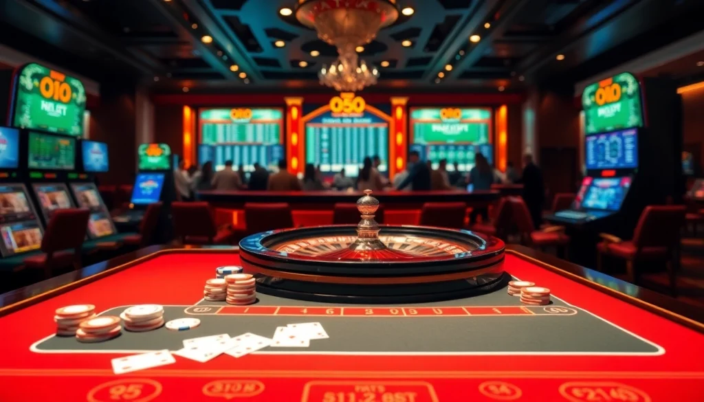 Captivating casino scene showcasing vibrant gaming tables at https://luck8.army/ with lively players and elegant decor.