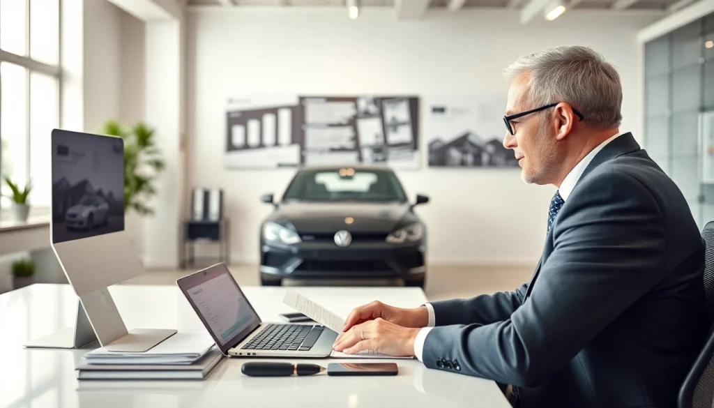 Assurer voiture en ligne avec un consultant d'assurance dans un bureau moderne.