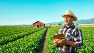 Promote agricultural law with a dedicated farmer in a thriving field of crops and natural surroundings.
