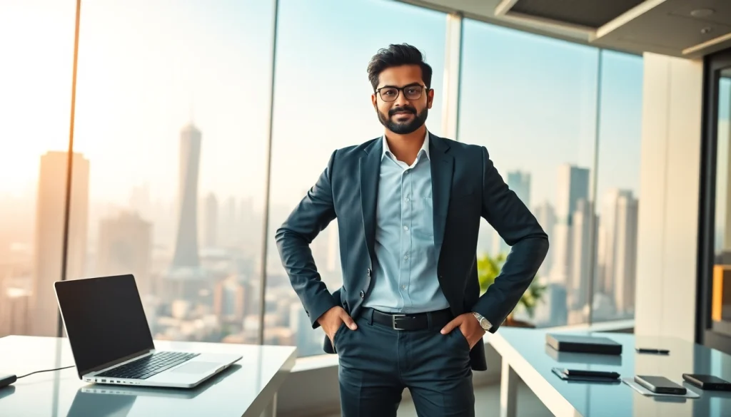 Showcase of an Indian entreprenure standing confidently in a modern office environment.