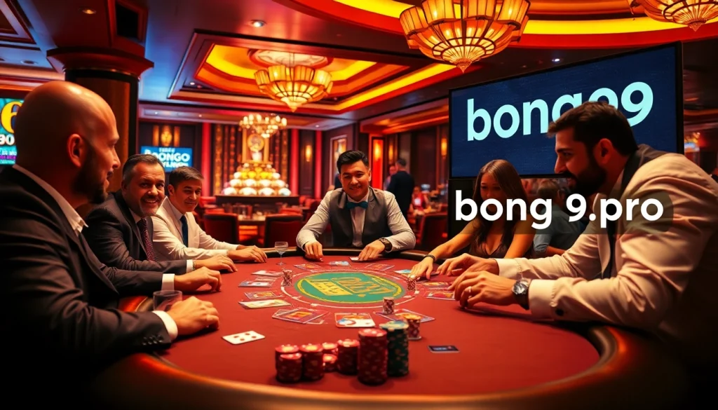 Engage in thrilling poker at https://bong99.pro/ showcasing colorful chips and a lively atmosphere.