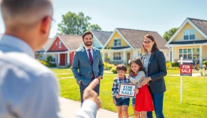 Showcasing real estate properties with a professional agent and happy family in a vibrant neighborhood
