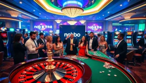 Players celebrating at a nohu90 casino table with poker chips and a roulette wheel.