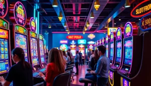 Menang dalam permainan slot depo 5k dengan mesin slot modern yang berwarna-warni dan pemain yang terlibat.