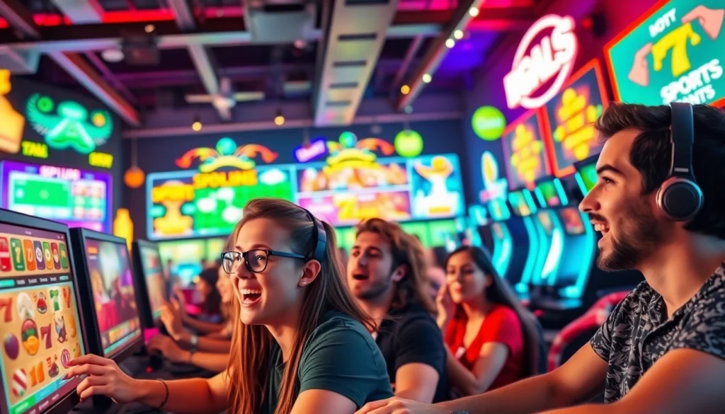 Menggambarkan gamers bersemangat di dunia sayapbola dengan suasana yang penuh warna dan energi.